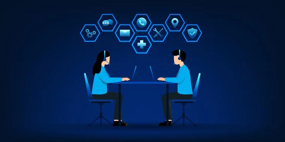 Customer support representative sitting at desk wearing headset, providing .. Иллюстрация