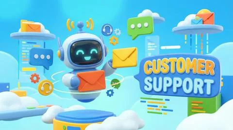 Customer support robot cartoon character cloud envelope chat bubble technol.. Illustrazione stock