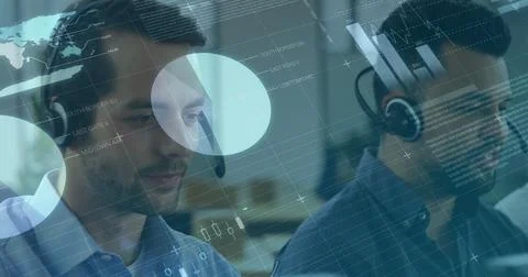 Customer support team using headsets and digital interfaces in modern office Stock Illustration