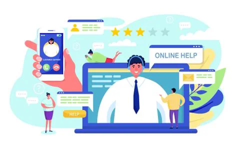 Customer support vector illustration, cartoon flat tiny client people call Illustrazione stock