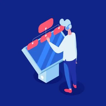 Customer support vector isometric illustration. Call center operator, client Illustrazione stock