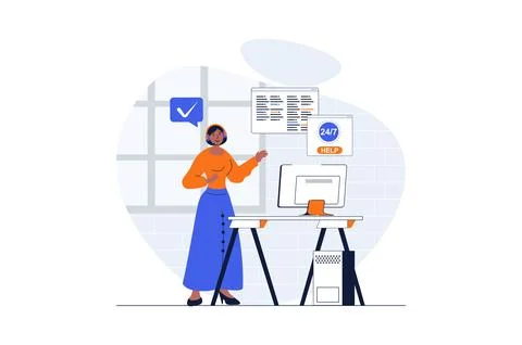 Customer support web concept with character scene. Woman advising clients and 스톡 일러스트