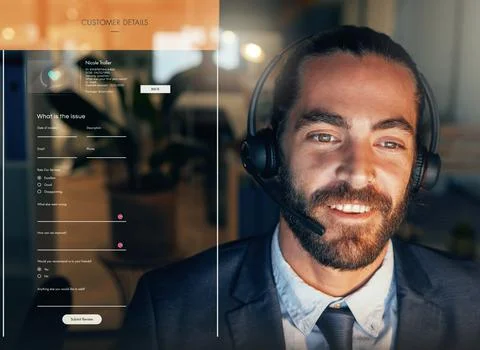 Customer support, web help and tech ux data on a 3d, futuristic hologram with a 写真素材