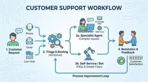 Customer support workflow triage resolution feedback process improvement loop Stock Illustration