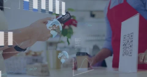 Customer tapping phone at cafe starting data graphs over QR sign, barista Stock Footage 328485853