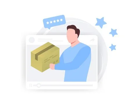 Customer Testimonial Video concept. Feedback video with happy buyer tells his Stock Illustration