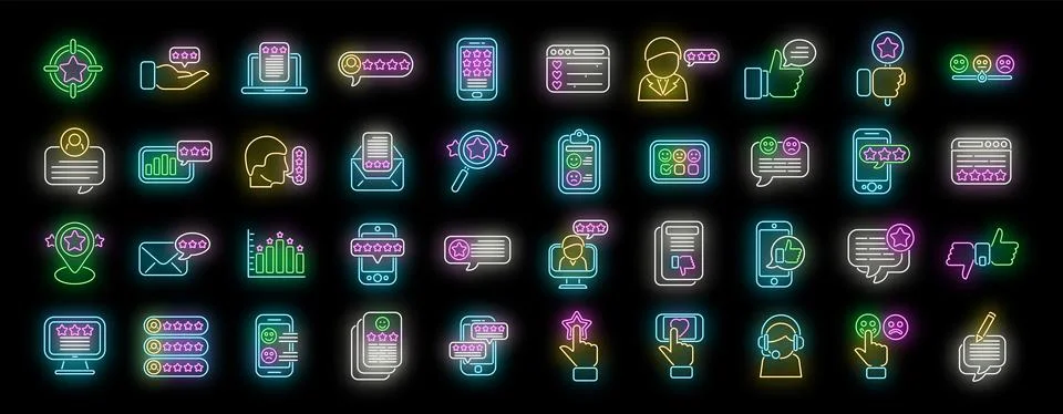 Customer testimonials icons set vector neon Stock Illustration