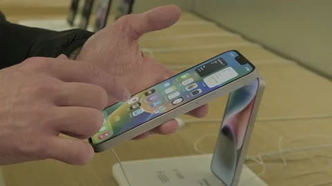 Customer testing new iPhone in apple sales office in Germany, products and .. Stock Footage 224898557