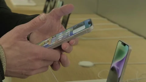 Customer testing new iPhone in apple sales office in Germany, products and .. Stock Footage 237784665