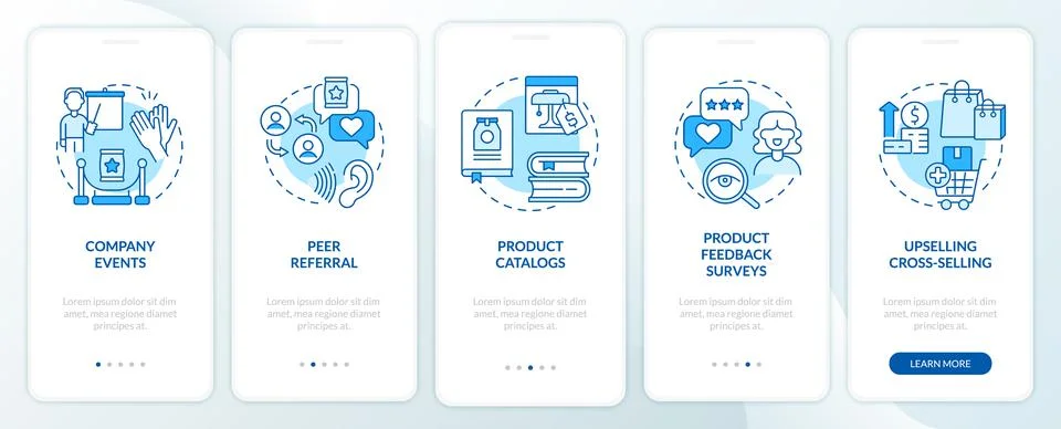 Customer touchpoints blue onboarding mobile app screen Illustrazione stock