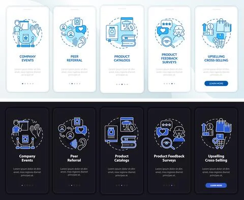 Customer touchpoints night and day mode onboarding mobile app screen Illustrazione stock