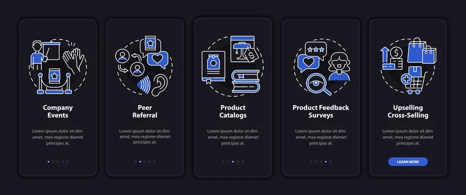 Customer touchpoints night mode onboarding mobile app screen Illustrazione stock