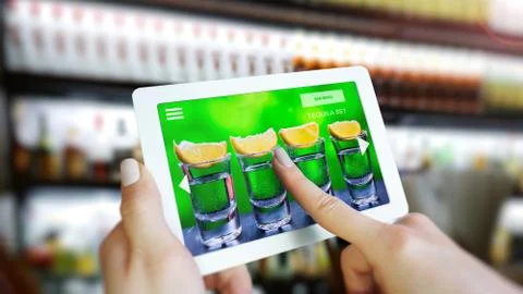 Customer use AR application to order drink at the bar, Hand touching interface Stock Photos
