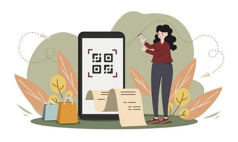 Customer use mobile cashless payment system or scan qr code. Characters using Stock Illustration