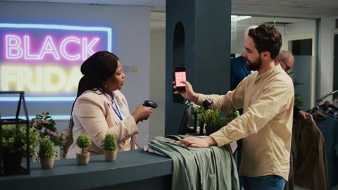 Customer using loyalty program app Stock Footage 246890824