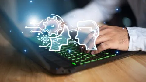 Customer using online service with chat bot to get support. Chat bot intell.. Stock Photos