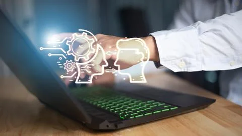 Customer using online service with chat bot to get support. Chat bot intell.. Stock Photos