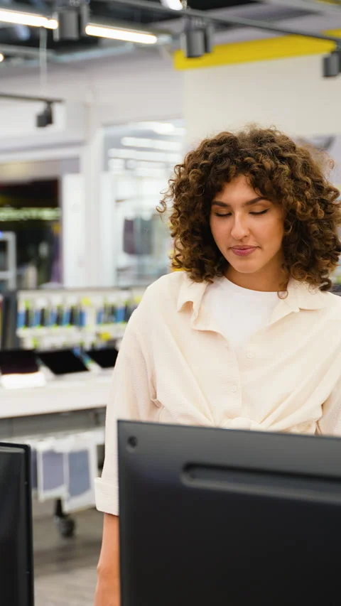 Customer using self checkout kiosk in electronics store Stock Footage 317726755