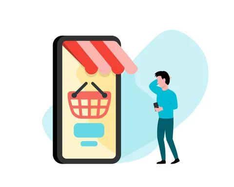 Customer using smartphone for mobile shopping vector illustration Stock Illustration