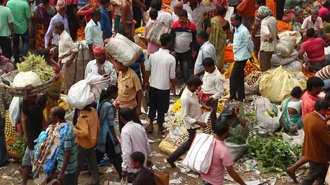 Customers and traders of huge Mullik Ghat Flower Market. Stock Footage 124656515