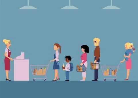 Customers in big queue at cash desk with female cashier at groceries store. イラスト素材