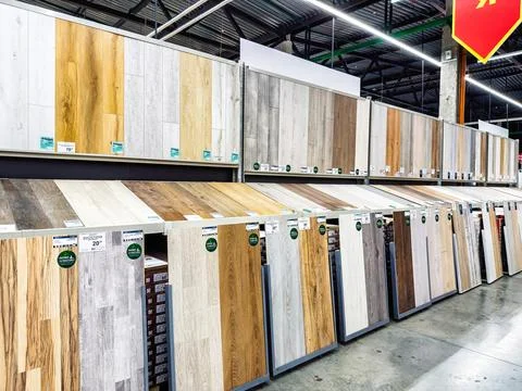 Customers explore a range of flooring selections in a spacious hardware store Photos