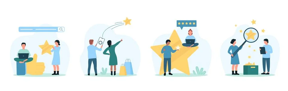 Customers feedback set, tiny people give thumbs up and gold star to recommend Ilustração Stock