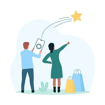 Customers feedback, tiny people launch star from mobile phone into sky, rate Stock Illustration