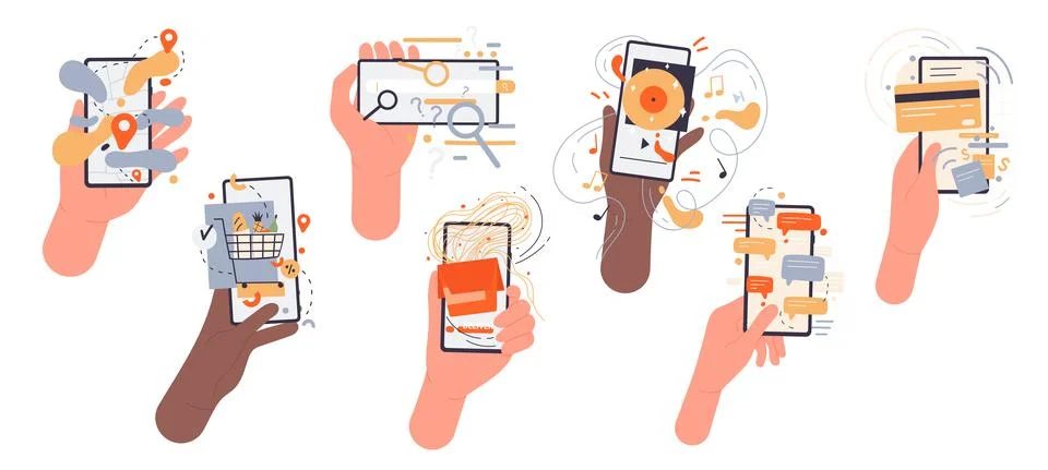 Customers hands use mobile application of online service set, people holding 스톡 일러스트