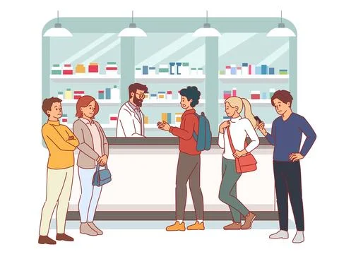 Customers at pharmacy. Counter queue, people need medications, standing in line Illustrazione stock