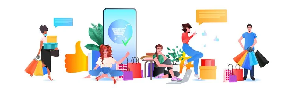 Customers with purchases using mobile app online shopping concept horizontal 스톡 일러스트