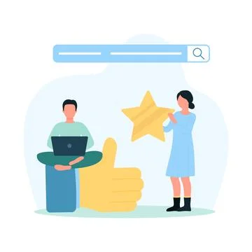Customers review, tiny people use giant thumbs up and gold star to rate Stock Illustration