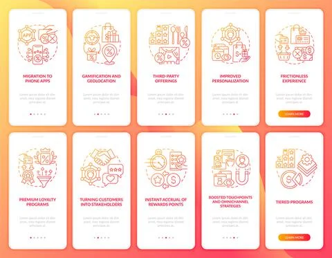 Customers reward system red gradient onboarding mobile app page screen set 스톡 일러스트