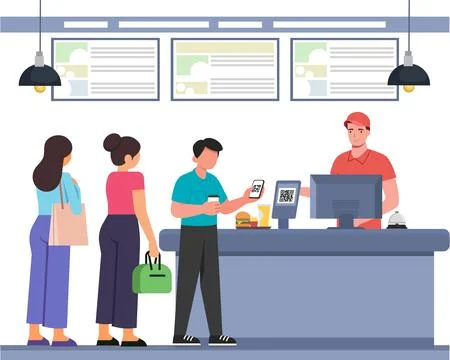 Customers stand in Queue at Cash counter in Store and pay using QR code Illustrazione stock