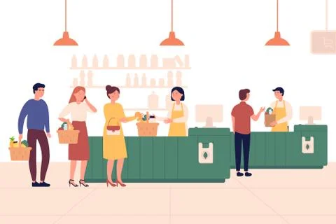 Customers standing in line or queue to cashier in supermarket. Shopping vector Stock Illustration