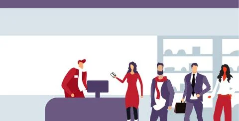Customers standing line queue at cash desk with female cashier shopping concept イラスト素材