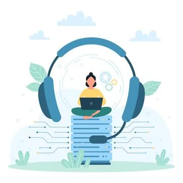 Customers support service, tiny operator sitting with laptop on computer Stock Illustration