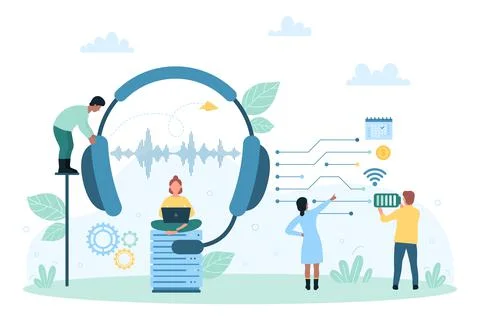 Customers support service, tiny team of call center operators holding big Stock Illustration