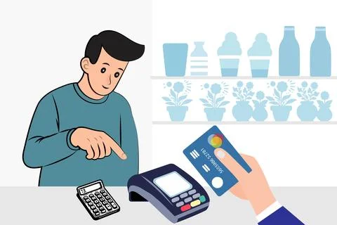 Customers using the contactless payment NFC technology of the digital banki.. Stock Illustration