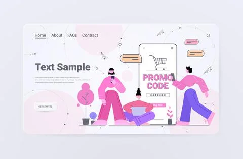 Customers using discount promo code on smartphone screen online shopping concept Stock-Illustration