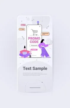 Customers using discount promo code on smartphone screen online shopping concept Illustrazione stock