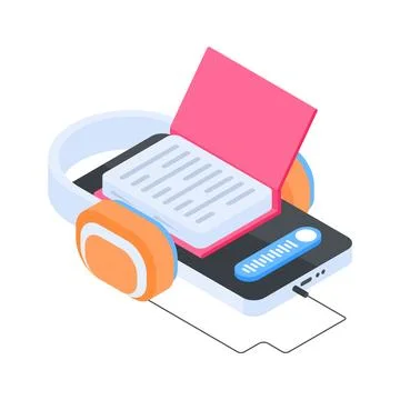 A customizable isometric illustration showing digital audiobook Stock Illustration