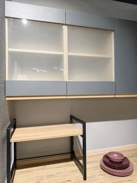 Customizable kitchen mockups displayed in a store to give buyers an idea of.. Stock Photos