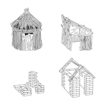Customizable stroke weight house types. Hut and house of different materials. Stock Illustration