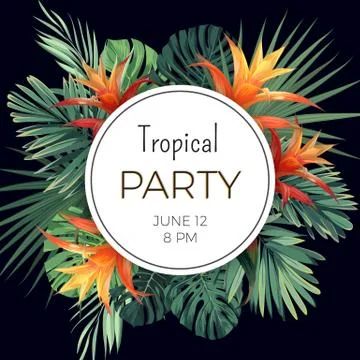 Customizable vector floral design template for summer party. Tropical flyer with 库存插图
