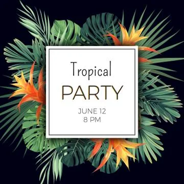 Customizable vector floral design template for summer party. Tropical flyer with Stock Illustration