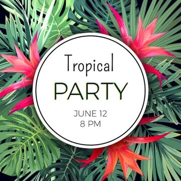 Customizable vector floral design template for summer party. Tropical flyer with Stock Illustration