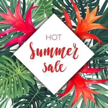 Customizable vector floral design template for summer sale. Tropical flyer with Stock Illustration