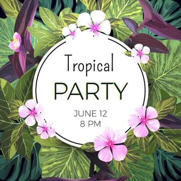 Customizable vector floral design template for summer party. Tropical flyer with Stock Illustration