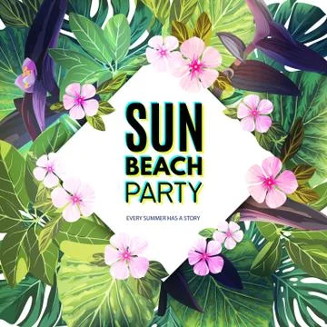 Customizable vector floral design template for summer party. Tropical flyer with 库存插图